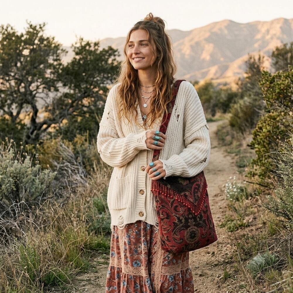 OOAK Floral Tapestry Beaded Fringe Tote Hobo Bag Boho Festival Whimsigoth Artsy